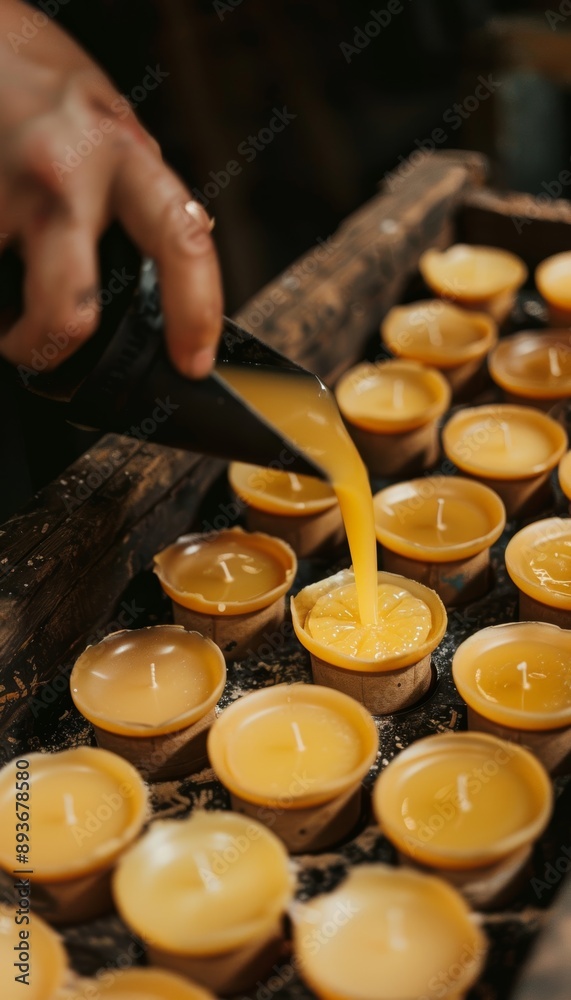 Artisanal Candle Making Process: Pouring Melted Wax into Molds for Handmade Candles Artisanal Candle Making Process: Pouring Melted Wax into Molds for Handmade Candles