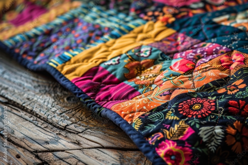 Handmade Quilt with Intricate Patterns and Vibrant Colors on Rustic Wooden Table Handmade Quilt with Intricate Patterns and Vibrant Colors on Rustic Wooden Table