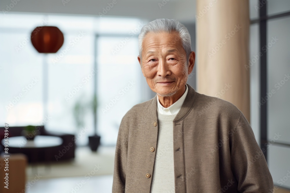Naklejka premium Portrait of a happy asian elderly 100 years old man wearing a chic cardigan isolated in modern minimalist interior