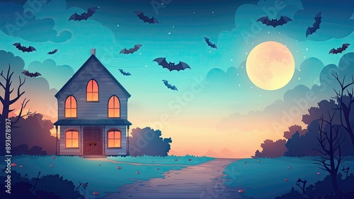 A cute 3D cartoon haunted mansion with bats flying around, halloween