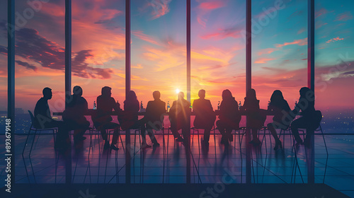 un corporativo oficina con un ventanal personas empresarias de negocios en junta equipo formando estrategias de negocios