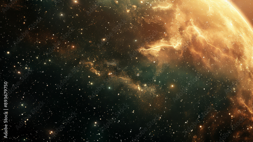 Naklejka premium A stunning depiction of a golden nebula surrounded by countless stars in deep space, showcasing the beauty of the cosmos.