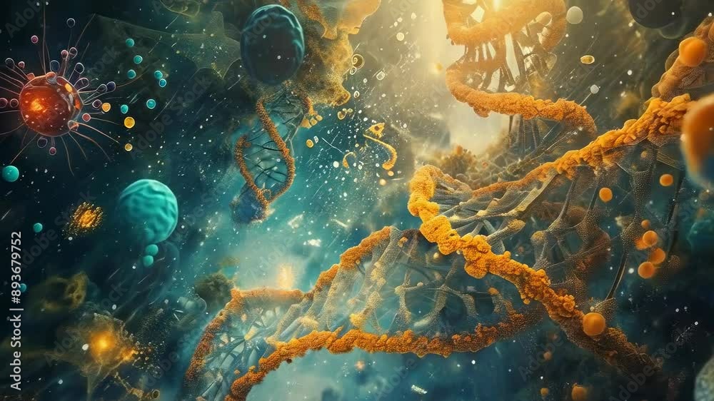 A vibrant portrayal of DNA strands and cells interacting in a cosmic setting. The image features various shapes and colors, depicting a scientific exploration of the microscopic world, emphasizing A vibrant portrayal of DNA strands and cells interacting in a cosmic setting. The image features various shapes and colors, depicting a scientific exploration of the microscopic world, emphasizing