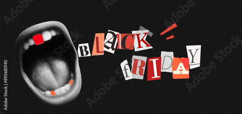 Black friday vector grunge banner. Screaming mouh with cutout letters. Vintage magazine with halftone effect. Noise texture bg. Zine sale popart.