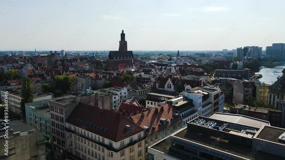 European beautiful city ancient architecture Flight over shooting from a drone Wroclaw Poland