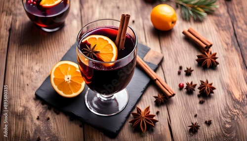 Mulled wine in glass with spice and fruit on wooden table. Top view. Copy space 