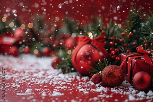 Red Christmas Gifts Under Falling Snow