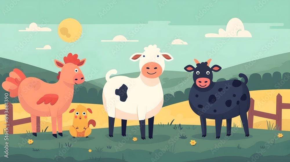 Obraz premium A farm scene with a red barn and a group of sheep