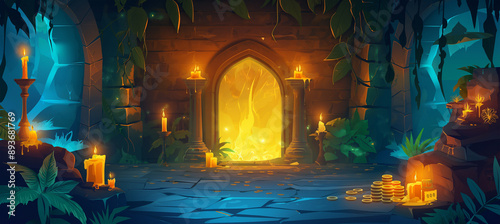 The Magic portal in a medieval castle, Game background, Large dark hall, Illustration