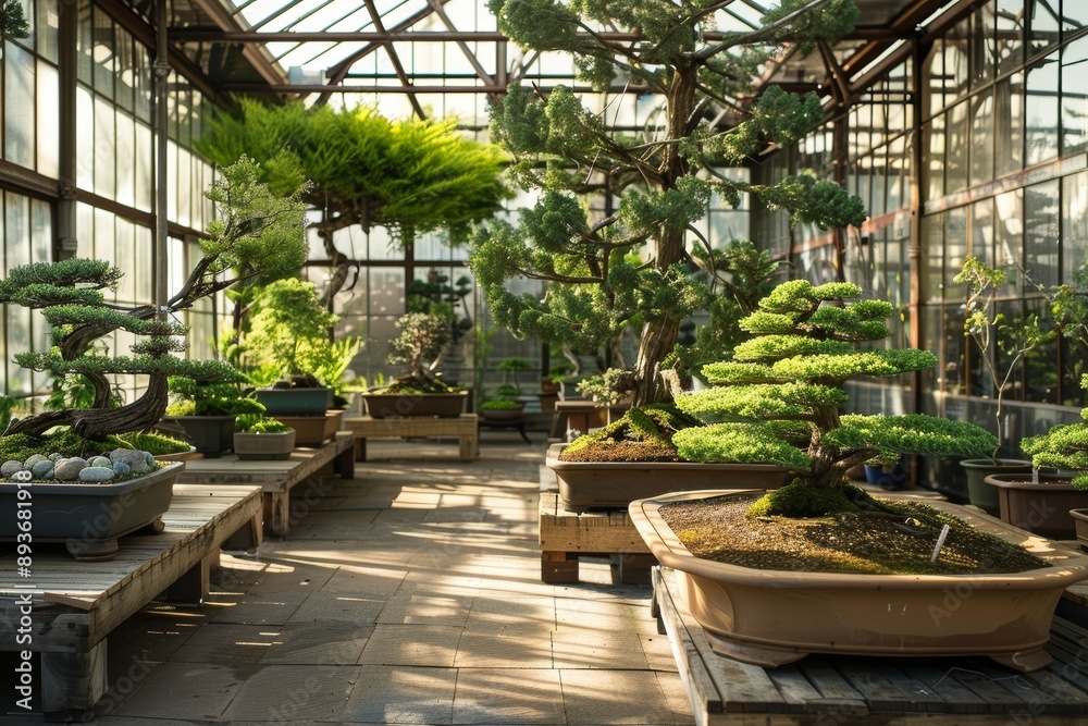 Tranquil Greenhouse with Pruned Bonsai Trees Showcasing Artistry and Patience in Bonsai Cultivation Tranquil Greenhouse with Pruned Bonsai Trees Showcasing Artistry and Patience in Bonsai Cultivation