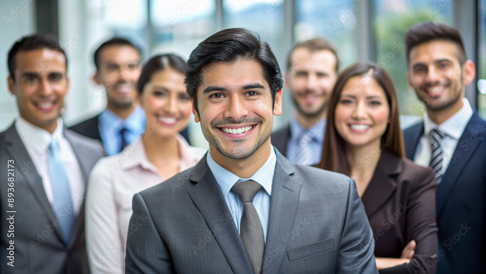 Portrait of people young hispanic successful handsome businessman with team working together at office. Diverse ethnic employees with Mexican leader in suit and tie smiling. Portrait of people young hispanic successful handsome businessman with team working together at office. Diverse ethnic employees with Mexican leader in suit and tie smiling.