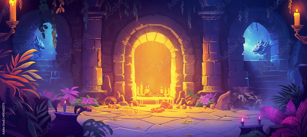 The Magic portal in a medieval castle, Game background, Large dark hall, Illustration The Magic portal in a medieval castle, Game background, Large dark hall, Illustration
