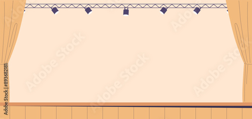 Empty Stage With Closed Curtains And Spotlights Above Is Prepared For A Performance, Ideal For Theater, Concert