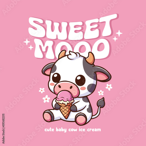 Sweet moo eating ice cream cartoon illustration
