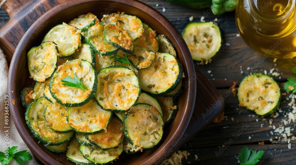 Bowl of baked zucchini slices topped with cheese and herbs, garnished with parsley, and displayed on a rustic wooden surface with olive oil. Bowl of baked zucchini slices topped with cheese and herbs, garnished with parsley, and displayed on a rustic wooden surface with olive oil.