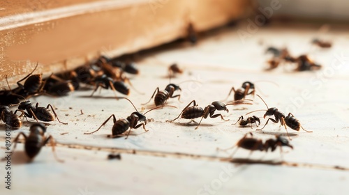 Close-up of multiple ants crawling on a floor near a wooden surface, indicating an indoor ant infestation. photo