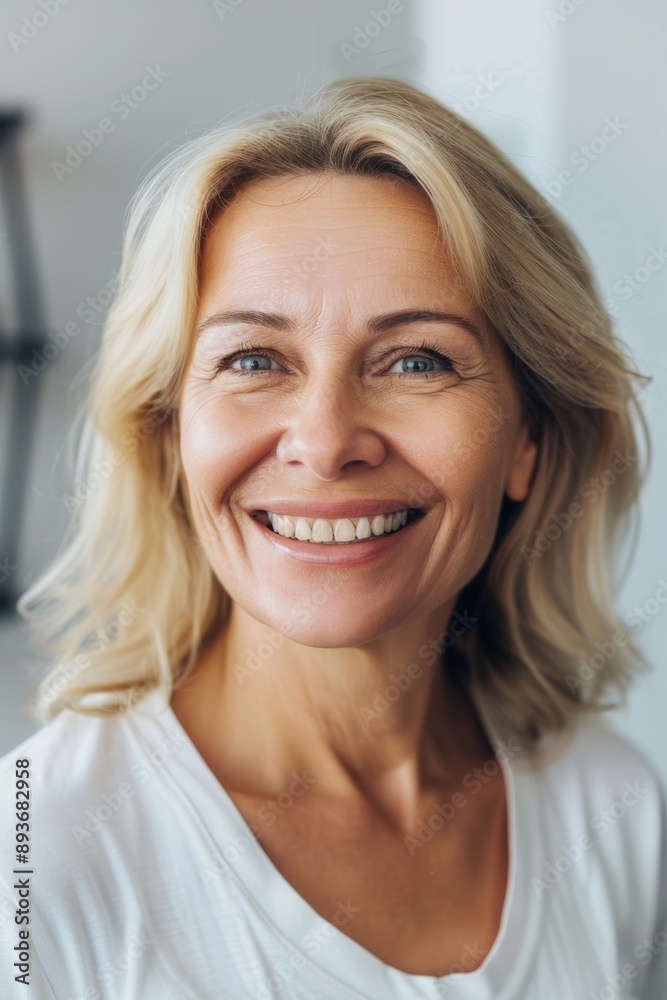 Middle-Aged Woman Post-Botox Injection Smiling in a Bright Clinic Setting - Cosmetic Enhancement Concept Middle-Aged Woman Post-Botox Injection Smiling in a Bright Clinic Setting - Cosmetic Enhancement Concept