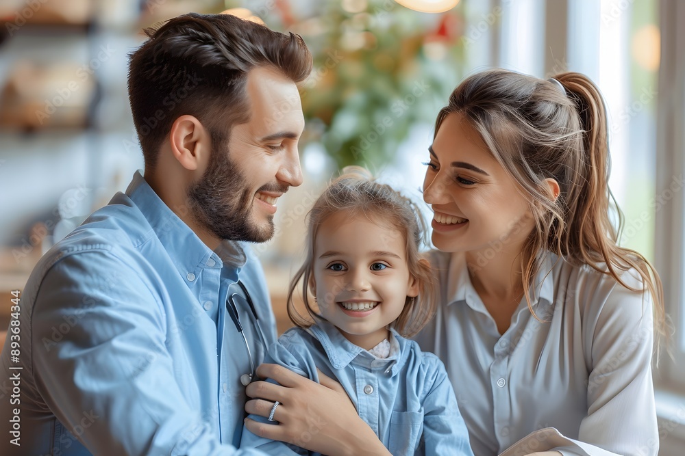 Health Insurance Advisor Guiding Family Through Policy in Clinic Setting Health Insurance Advisor Guiding Family Through Policy in Clinic Setting