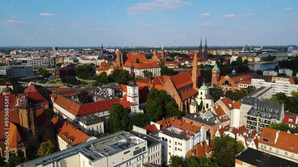 European beautiful city ancient architecture Flight over shooting from a drone Wroclaw Poland European beautiful city ancient architecture Flight over shooting from a drone Wroclaw Poland