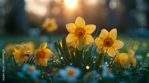 Spring Daffodils at Sunrise in a Forest Landscape