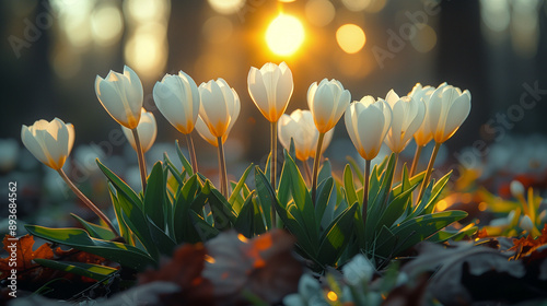 White Tulips Blooming in a Garden at Sunset