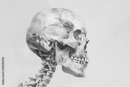 Human skeleton facial anatomy with teeth, skull bones, model structure in detailed side view sketch photo