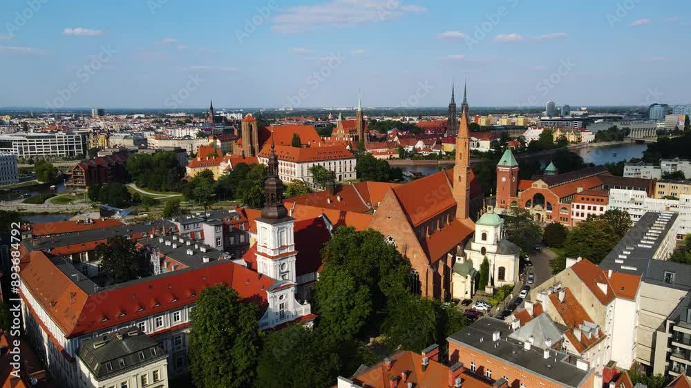 European beautiful city ancient architecture Flight over shooting from a drone Wroclaw Poland European beautiful city ancient architecture Flight over shooting from a drone Wroclaw Poland