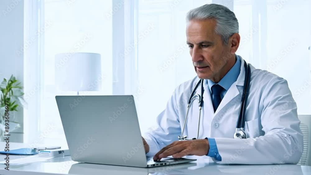 male doctor typing medical information on laptop in hospital office. Old mature doctor therapist working at office, using healthcare software application on computer, handwriting notes. male doctor typing medical information on laptop in hospital office. Old mature doctor therapist working at office, using healthcare software application on computer, handwriting notes.