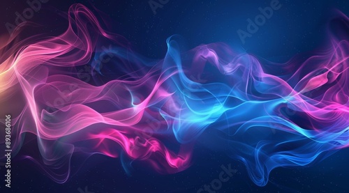 displays a vivid abstract background featuring flowing, neon-colored waves of pink, purple, and blue, set against a dark backdrop. The swirling lines create a sense of movement and energy