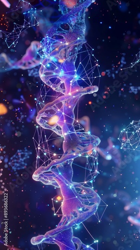 Dettagliata rappresentazione 3D di una doppia elica di DNA con luci brillanti su sfondo blu e rosa, evidenziando la complessità genetica e la tecnologia avanzata.