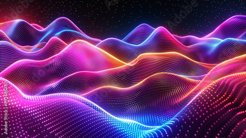 image features a vibrant, neon-colored wave pattern with flowing lines and glowing points. The abstract design combines pink, purple, and blue hues, creating a dynamic and futuristic visual