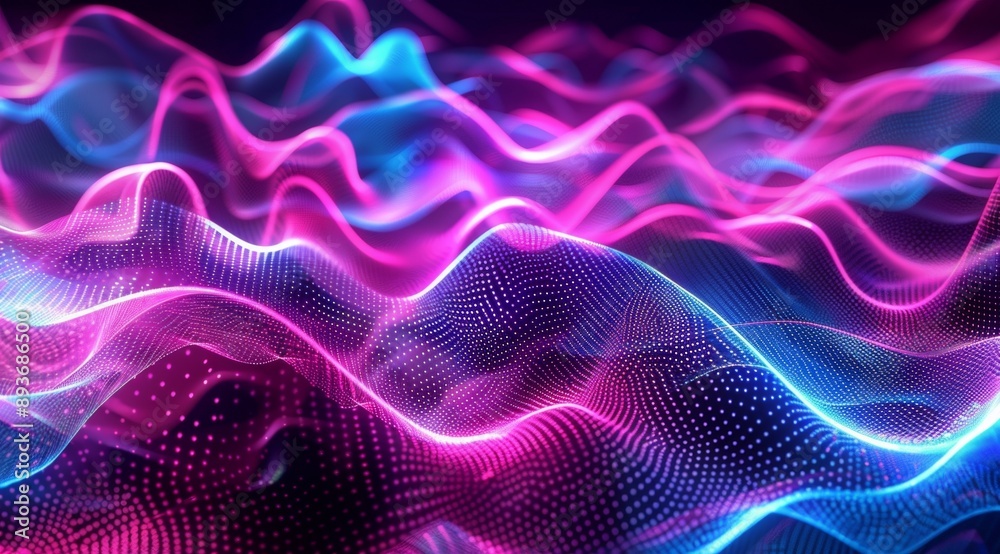 image features a vibrant, neon-colored wave pattern with flowing lines and glowing points. The abstract design combines pink, purple, and blue hues, creating a dynamic and futuristic visual image features a vibrant, neon-colored wave pattern with flowing lines and glowing points. The abstract design combines pink, purple, and blue hues, creating a dynamic and futuristic visual