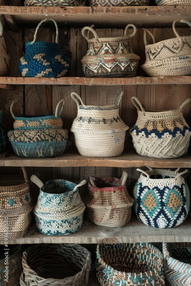 Handmade Crochet Baskets Displayed on Rustic Shelf for Home Decor and Craft Inspiration Handmade Crochet Baskets Displayed on Rustic Shelf for Home Decor and Craft Inspiration