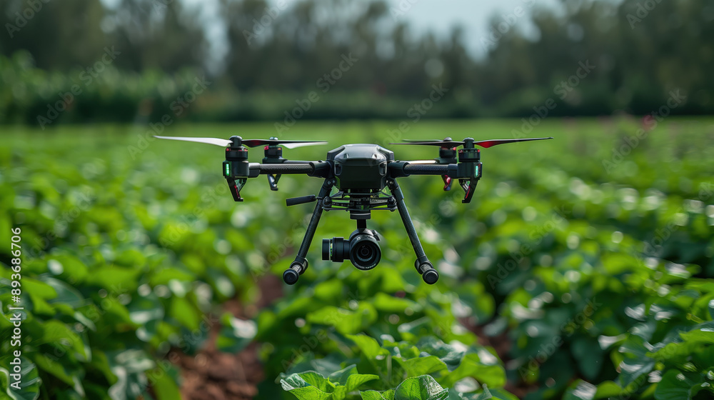Drone in Agricultural Field. Drone equipped with a camera hovers over a lush agricultural field, showcasing modern farming technology.