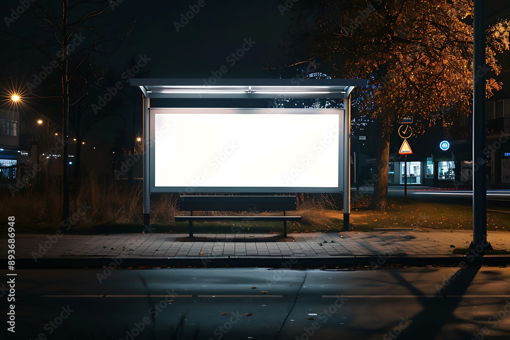 Horizontal digital billboard poster on the bus stop at night. Blank white signboard mockup for advertisement, and marketing. AI generated Horizontal digital billboard poster on the bus stop at night. Blank white signboard mockup for advertisement, and marketing. AI generated
