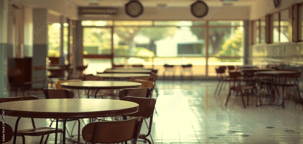 Fototapeta premium School canteen with a blurred background, featuring empty tables and chairs set up for young students' lunch, creating a calm and organized dining space.