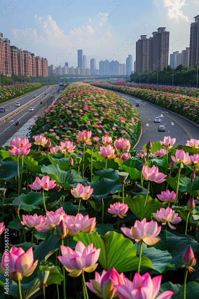 A highway in China adorned with lotus flowers, offering travelers a stunning and tranquil view
A highway in China adorned with lotus flowers, offering travelers a stunning and tranquil view