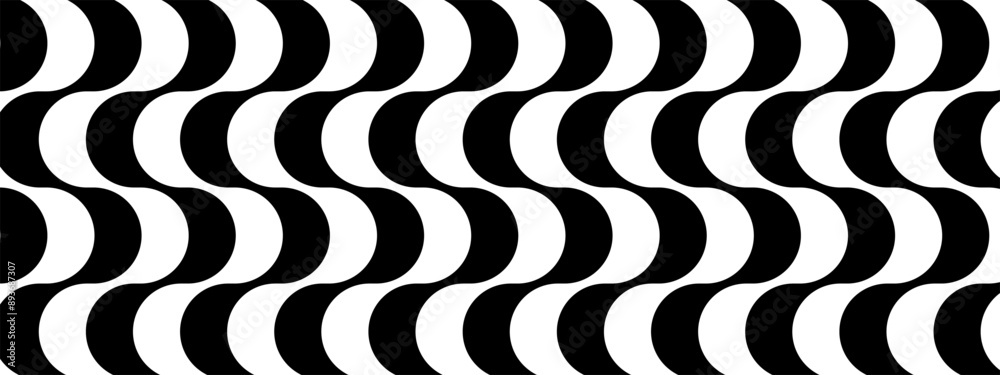 Vertical Copacabana sidewalk pattern. Famous beach promenade in Rio de Janeiro. Brasilian symbol. Repeating black and white undulated texture in Portuguese pavement style. Vector graphic illustration.