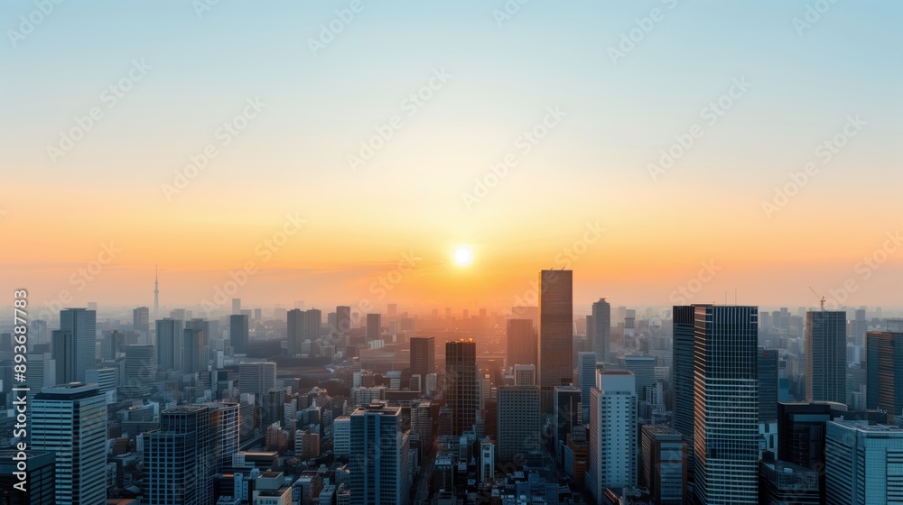 Obraz premium Sunset Over Urban Skyscrapers. Breathtaking sunset over a city filled with tall skyscrapers, creating a beautiful contrast of light and shadow.