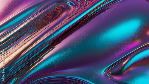  A metallic foil surface with a crumpled texture and a psychedelic holographic finish, offering a brilliant spectrum of colors and iridescent light effects.