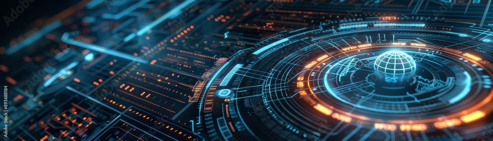 Futuristic digital interface with a glowing globe, representing advanced technology and data visualization in a high-tech environment.