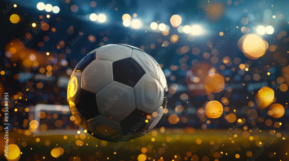 Obraz premium A soccer ball in closeup flying in the air on a big soccer field stadium at night filled with stadium lights.