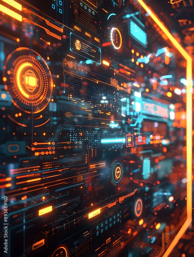 Sleek Virtual Interface with Floating Data Controls and Cyber High Tech Background Sleek Virtual Interface with Floating Data Controls and Cyber High Tech Background
