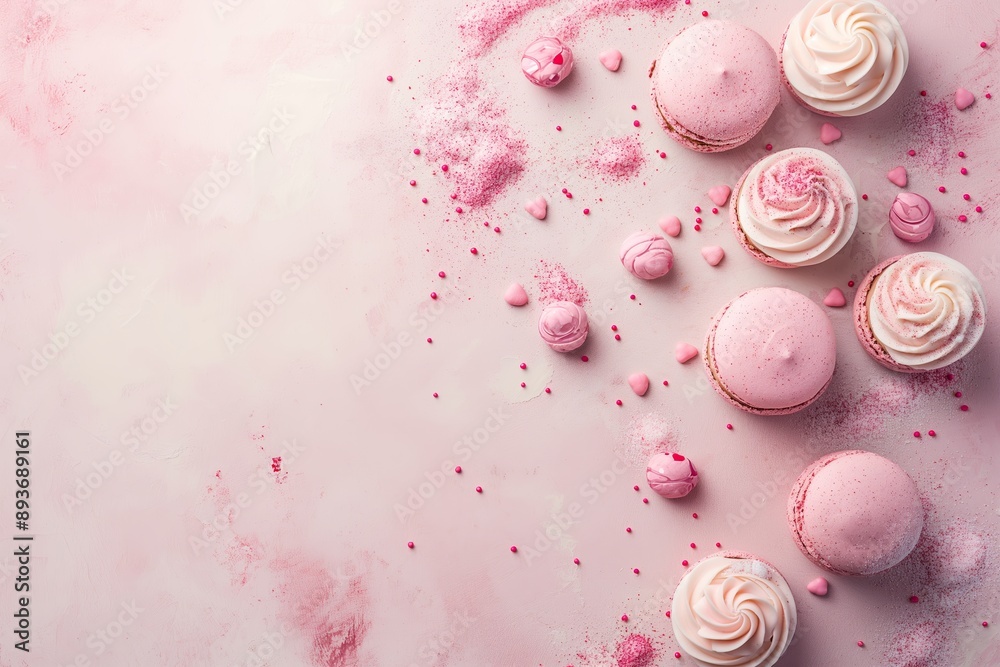 Collection of cupcakes and macarons, artfully arranged with sprinkles on a soft pink background creating a delightful dessert display. Collection of cupcakes and macarons, artfully arranged with sprinkles on a soft pink background creating a delightful dessert display.