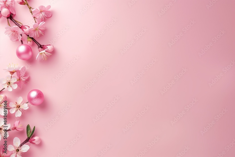 This image features delicate pink cherry blossoms paired with pink ornaments, set against a soft pink background. This image features delicate pink cherry blossoms paired with pink ornaments, set against a soft pink background.