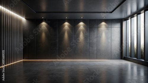 Darkness falls in this empty black room  a sleek gradient texture wraps the walls  providing a dramatic  modern  and sophisticated backdrop for showcasing your product.
