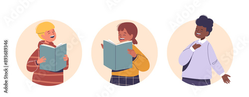 Three Children Singing In A Choir. Two Children Are Holding Music Books, While The Third Sings With A Hand On The Chest