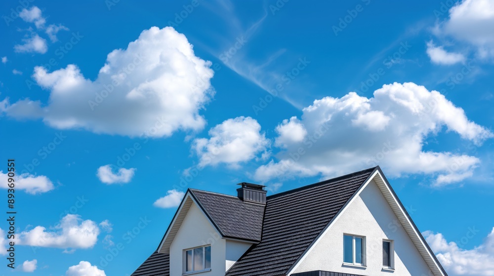 Roof of a modern house with white walls against a vibrant blue sky with scattered fluffy white clouds. Roof of a modern house with white walls against a vibrant blue sky with scattered fluffy white clouds.