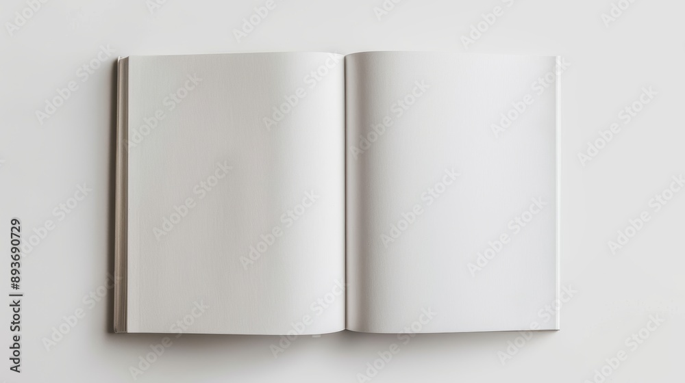 Open Blank Book on White Surface Top view of an open blank book with white pages on a white surface, perfect for background or design template Open Blank Book on White Surface Top view of an open blank book with white pages on a white surface, perfect for background or design template