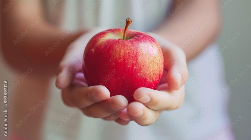 A person holds a shiny red apple, ready to enjoy its sweet, crisp flavor. A person holds a shiny red apple, ready to enjoy its sweet, crisp flavor.